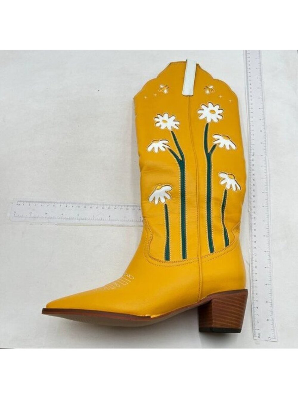 Women Cowboy Boots Mid Calf Cowgirl Western Boots Sunflower Embroidery Yellow